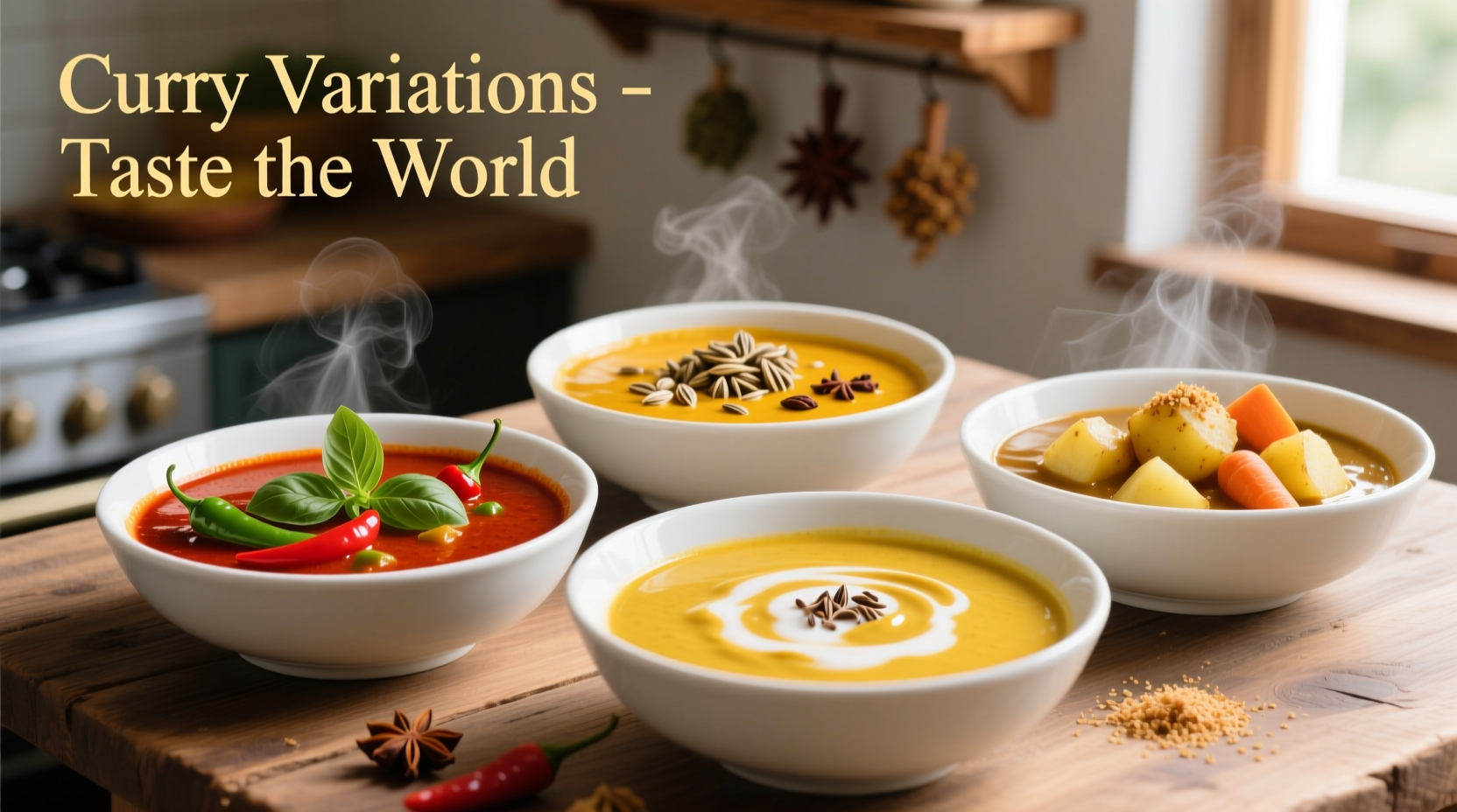 Three curry variations in bowls: Thai red, Indian yellow, Japanese yellow