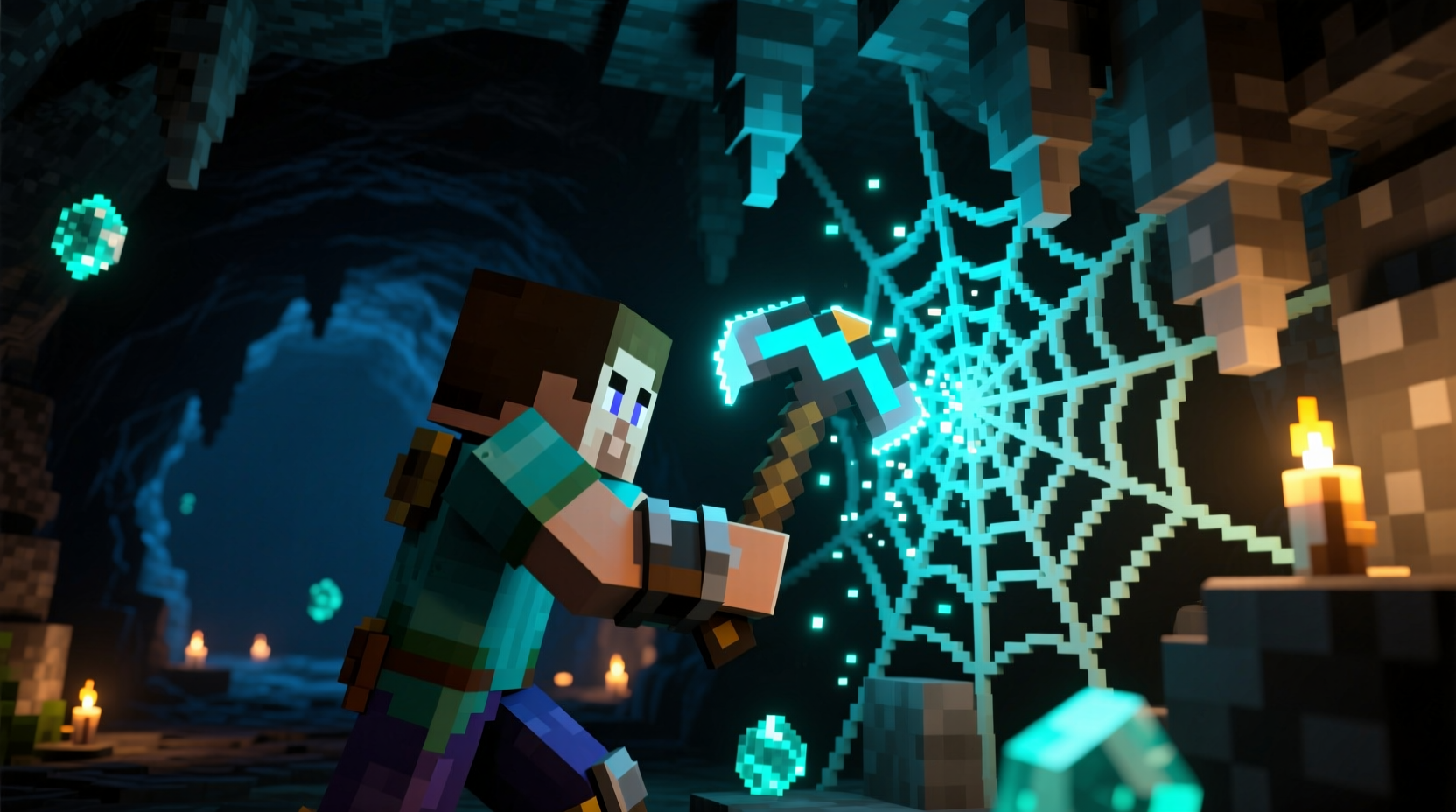 Player mining cobweb with Silk Touch pickaxe in Minecraft