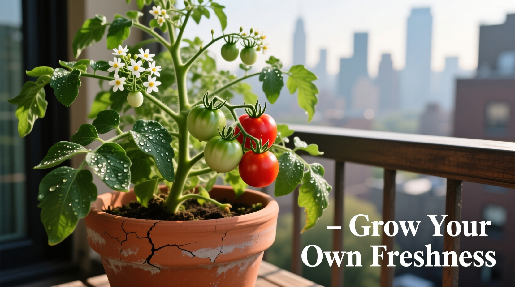 Healthy tomato plant growing in container on balcony