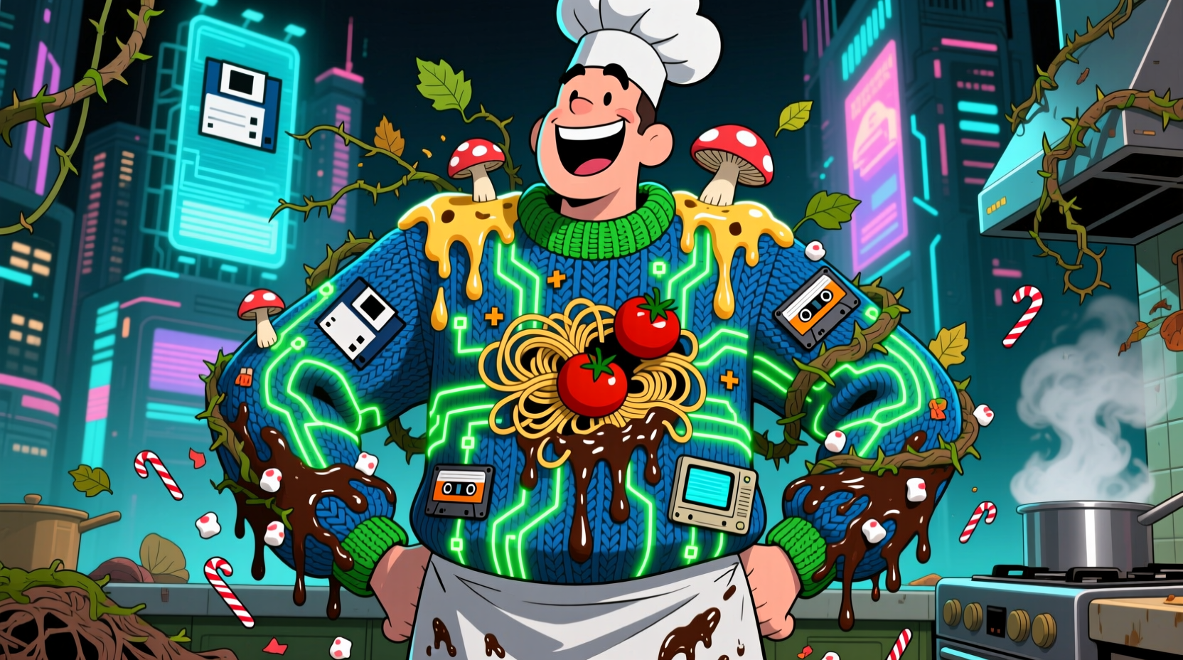 Three unique ugly sweater themes: retro tech, edible disaster, nature revenge