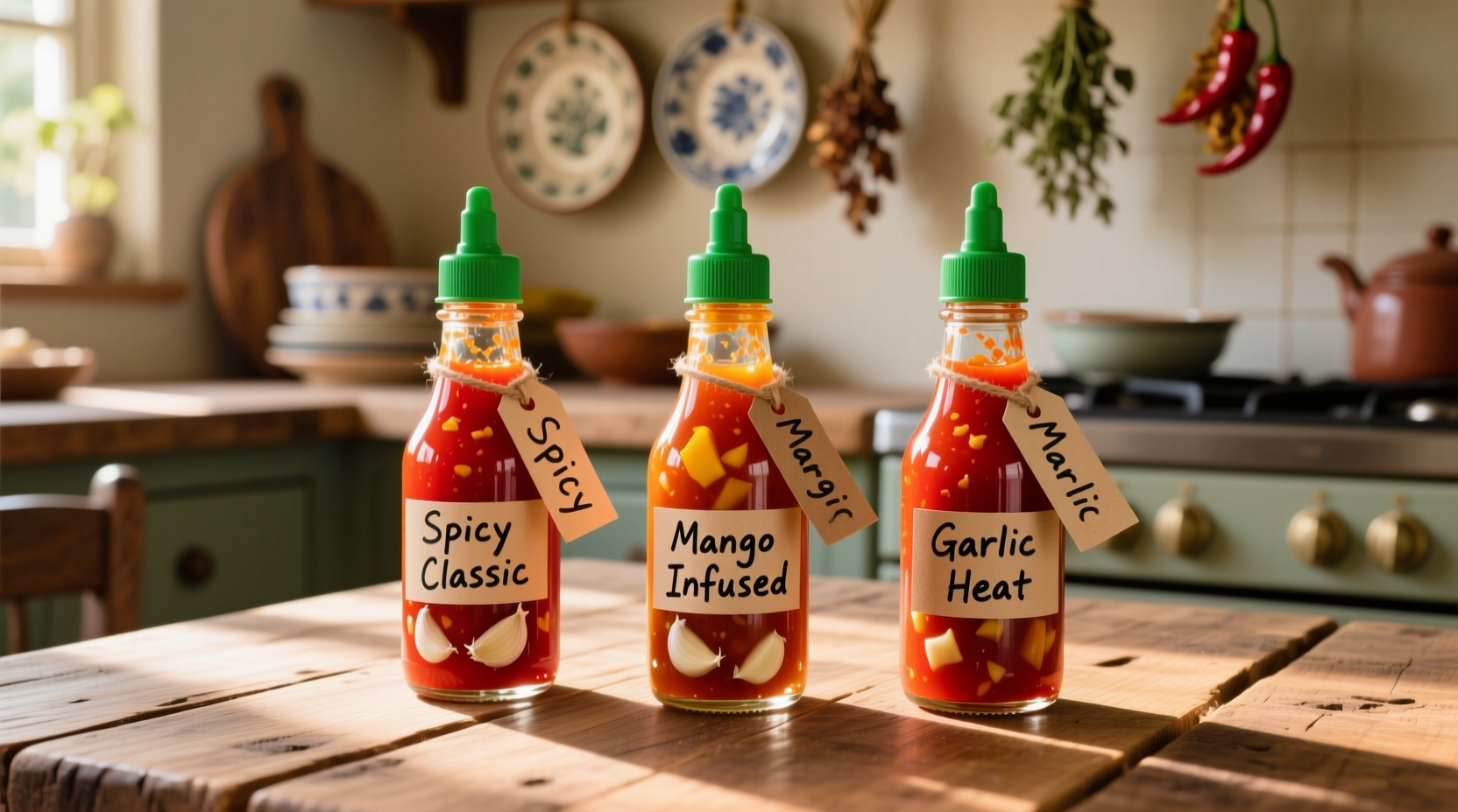 Three homemade sriracha variations in small bottles