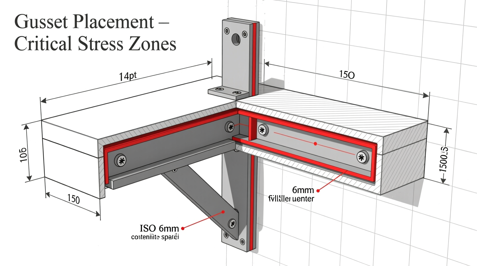 Floating shelf bracket reinforcement diagram showing gusset placement