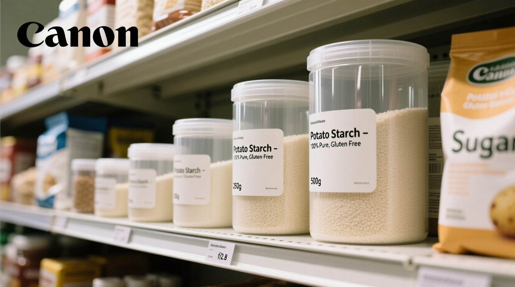 Potato starch containers on grocery shelf