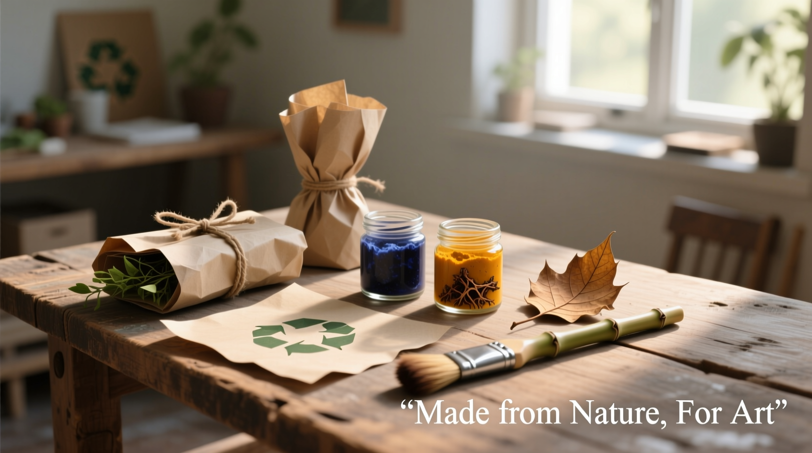 Eco-friendly art supplies including recycled paper and natural dyes