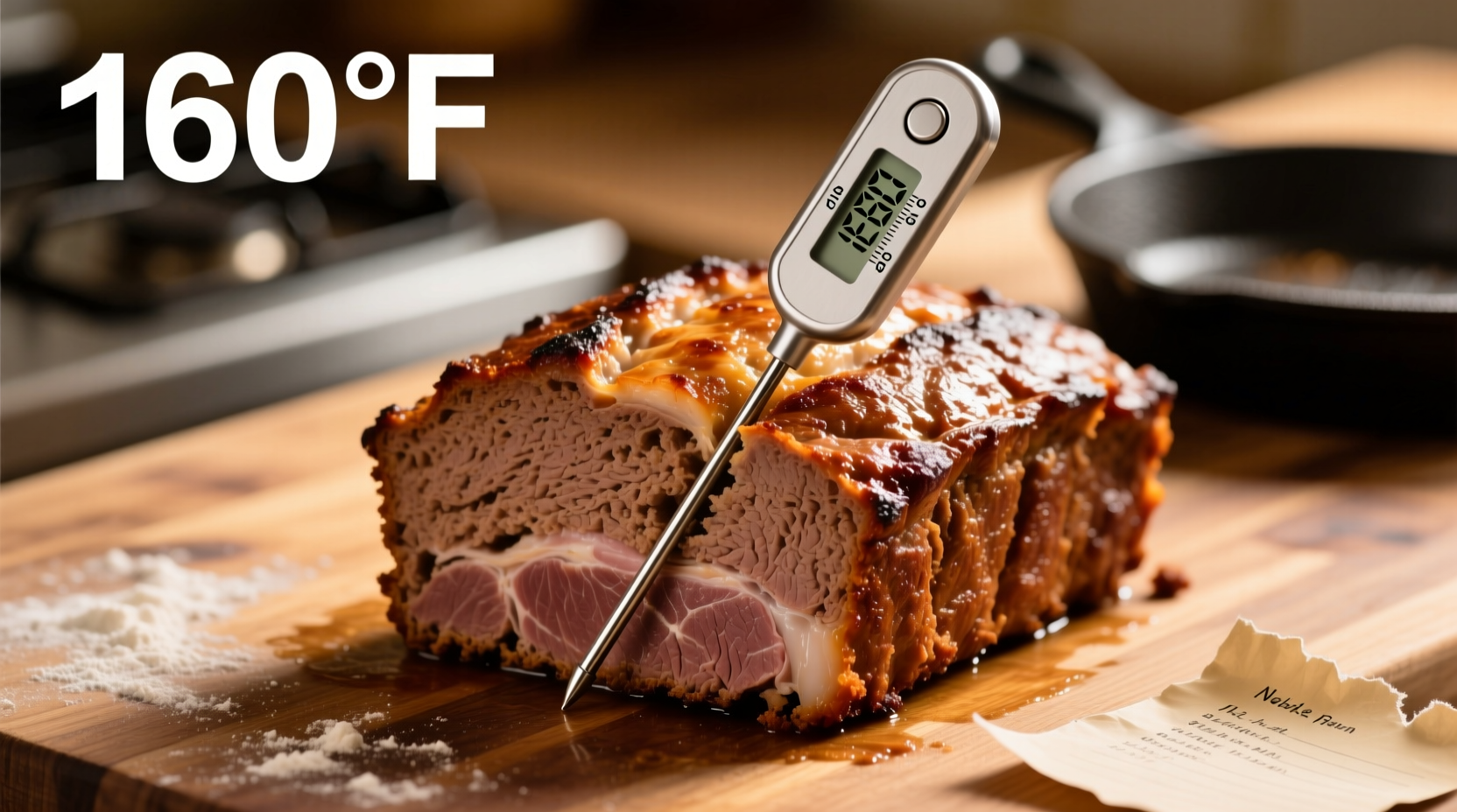 Meat thermometer showing 160 degrees in meatloaf center