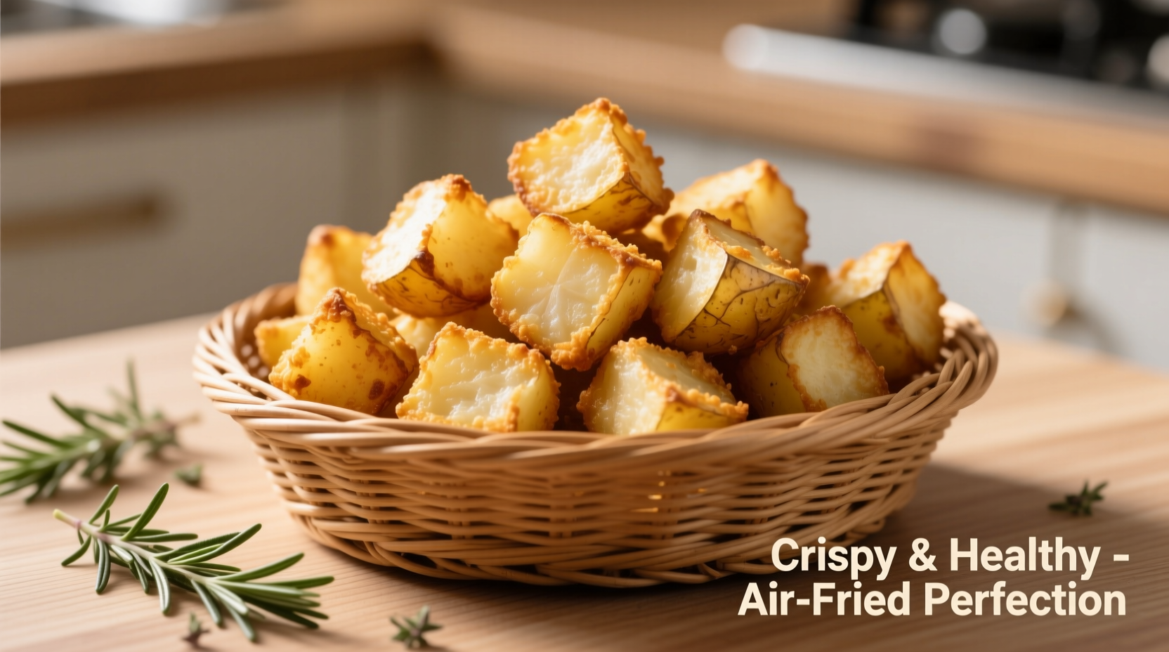 Golden air fried potato cubes in basket