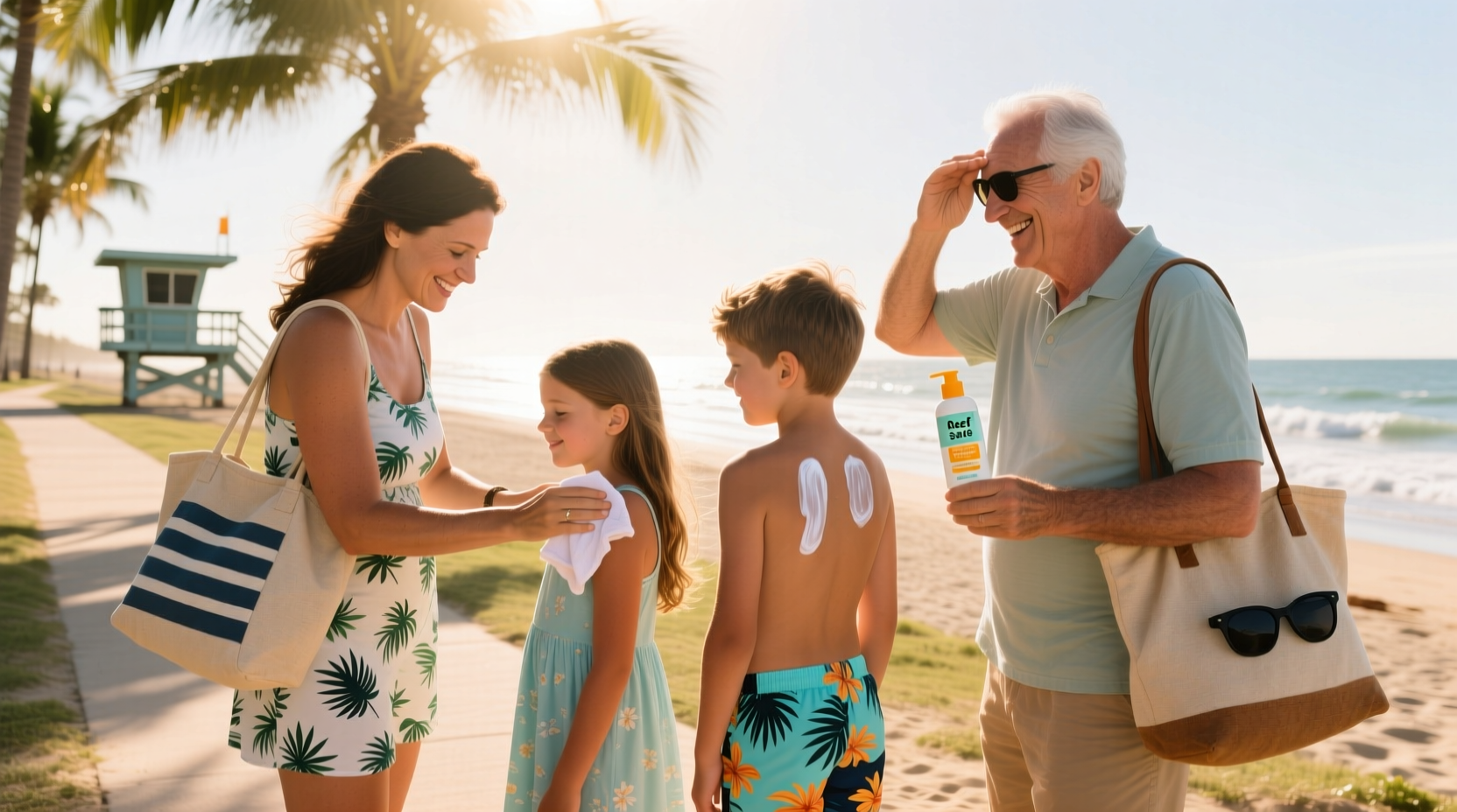 Family applying mineral sunscreen before beach outing