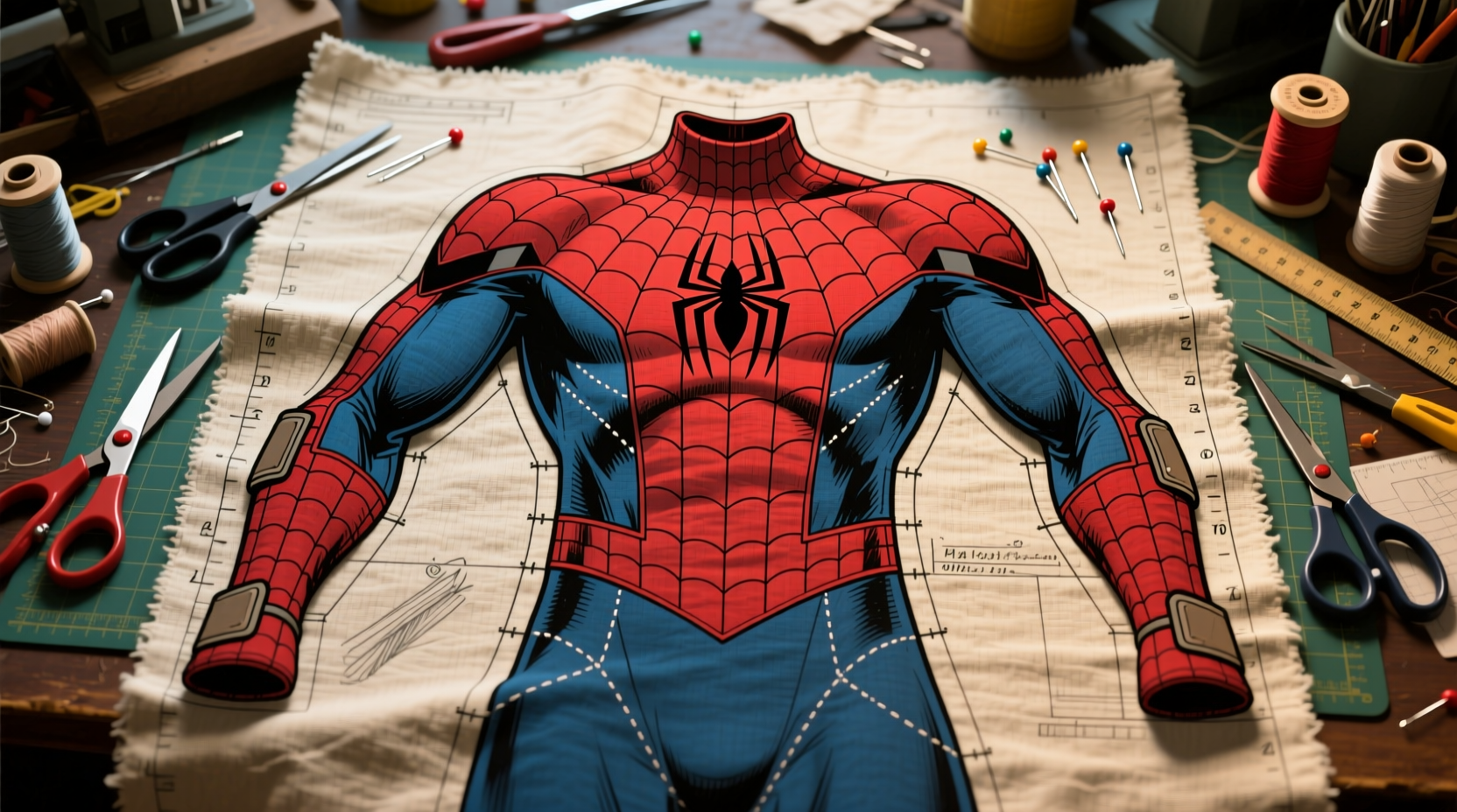 Spiderman homemade suit pattern layout on fabric