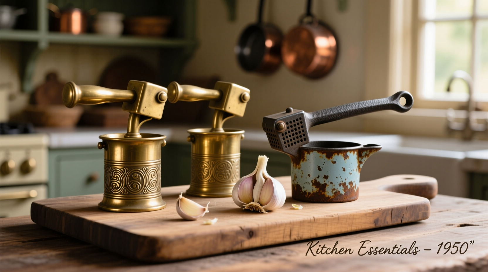 Three garlic presses arranged on wooden cutting board