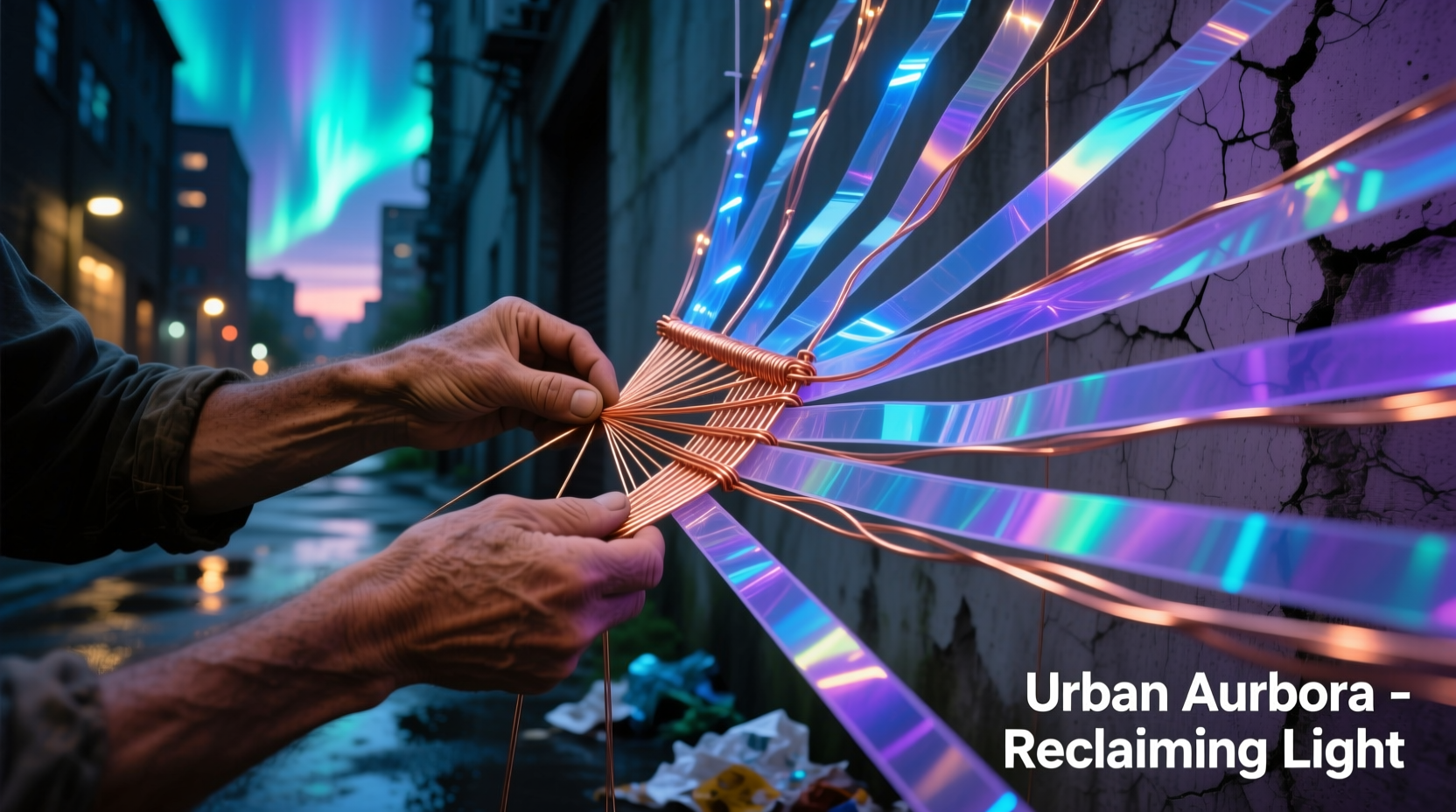 Hand weaving copper wires through recycled plastic strips for urban aurora