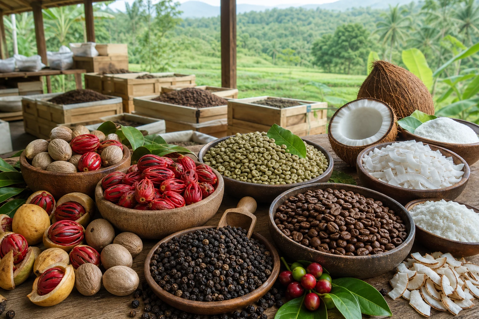 Illustrative Indonesian spices coffee and coconut products prepared for export
