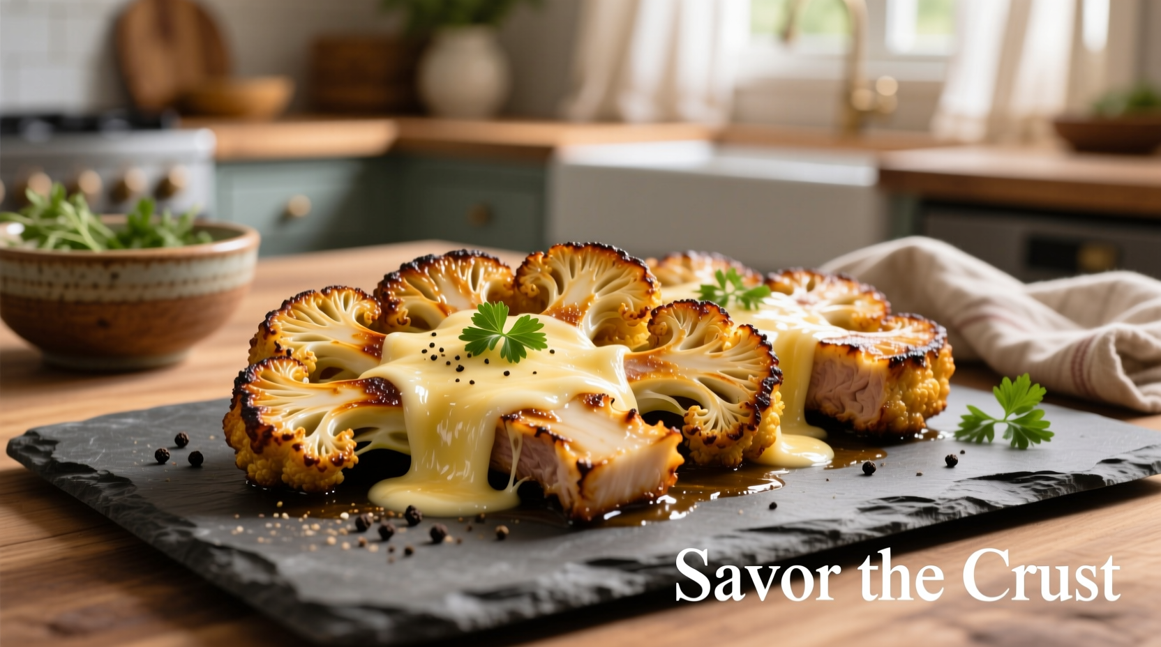 Golden brown cauliflower steaks with melted Parmesan