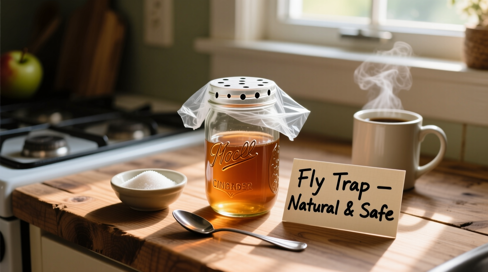 Homemade fly trap ingredients on kitchen counter