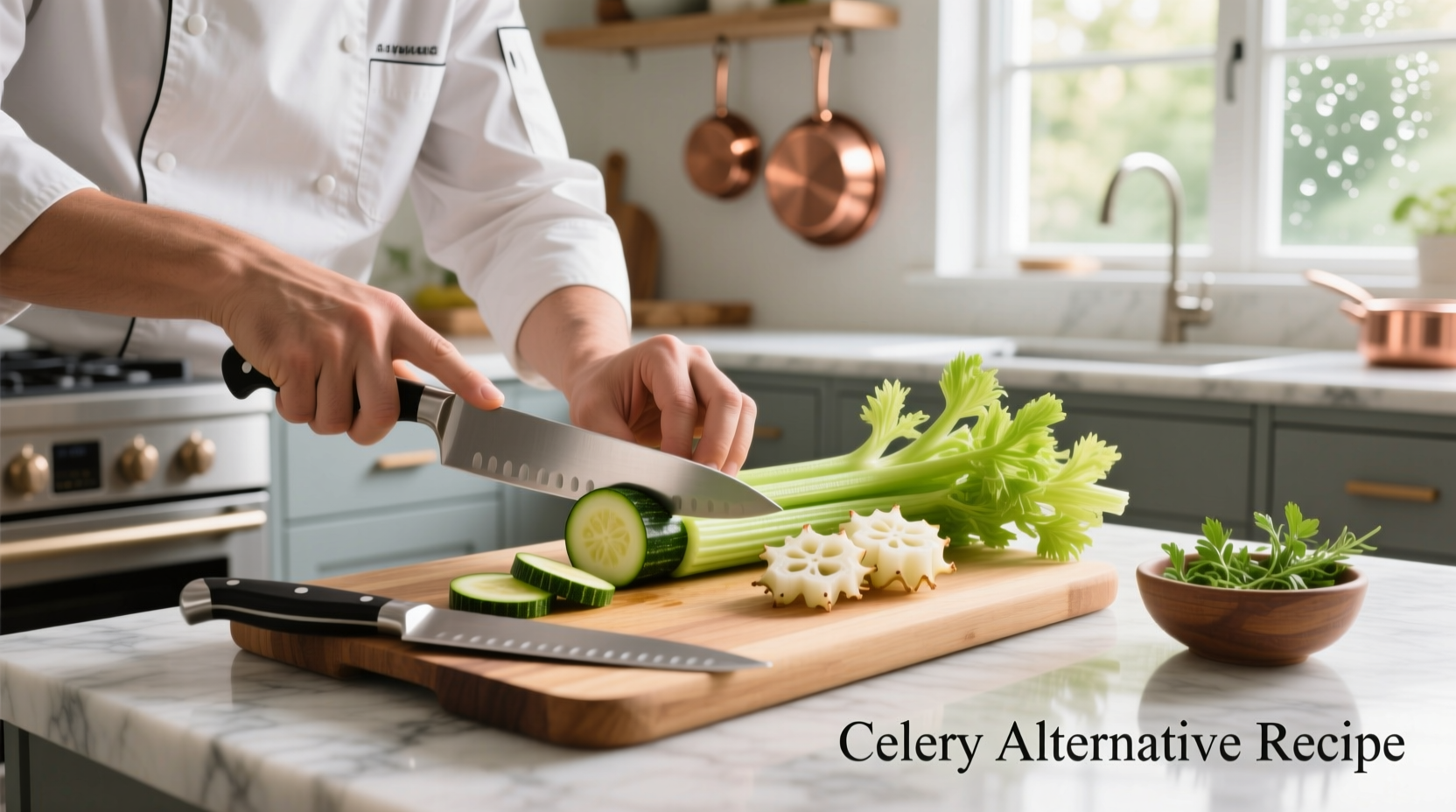 Chef preparing vegetable substitutes for celery in kitchen