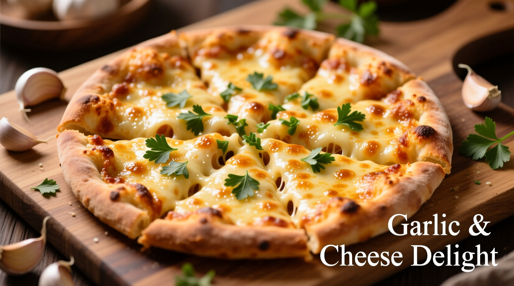 Golden garlic pizza with bubbling cheese and fresh parsley