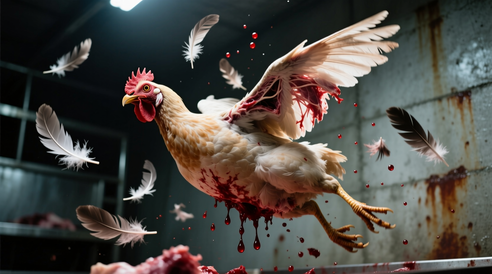 Chicken dropping feathers after being killed
