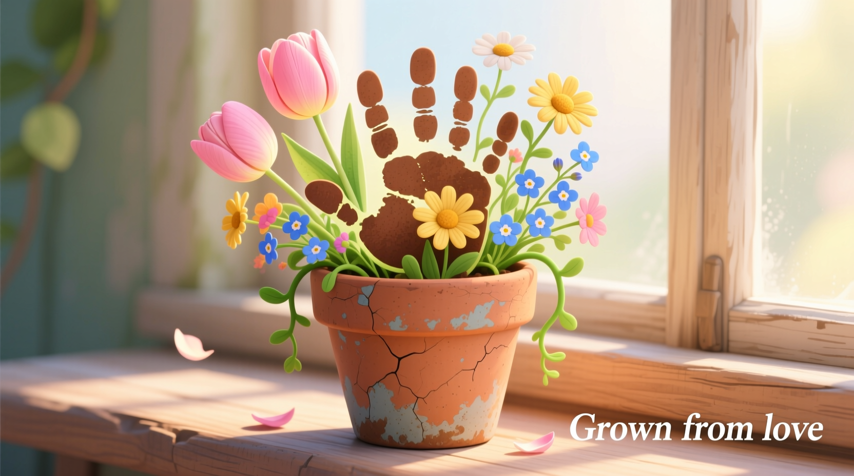 Child's handprint transformed into colorful flowers in terracotta pot