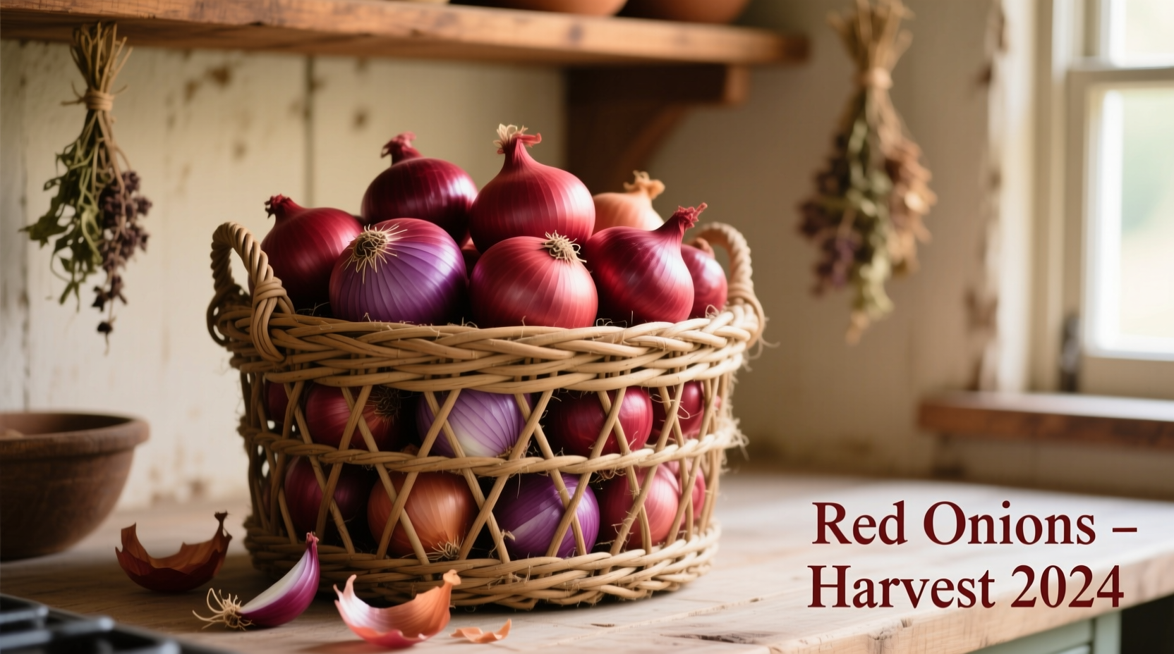 Woven onion storage basket with red onions