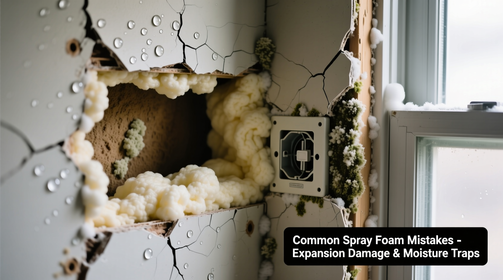 Common spray foam insulation mistakes showing expansion damage and moisture traps