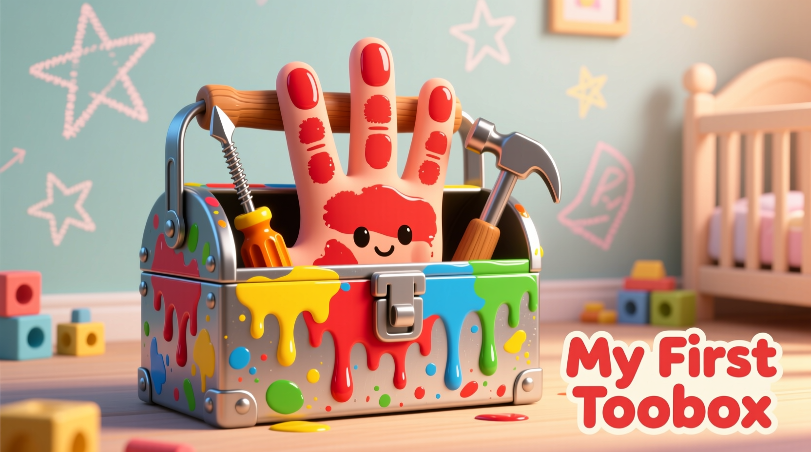 Child's handprint transformed into toolbox with paint