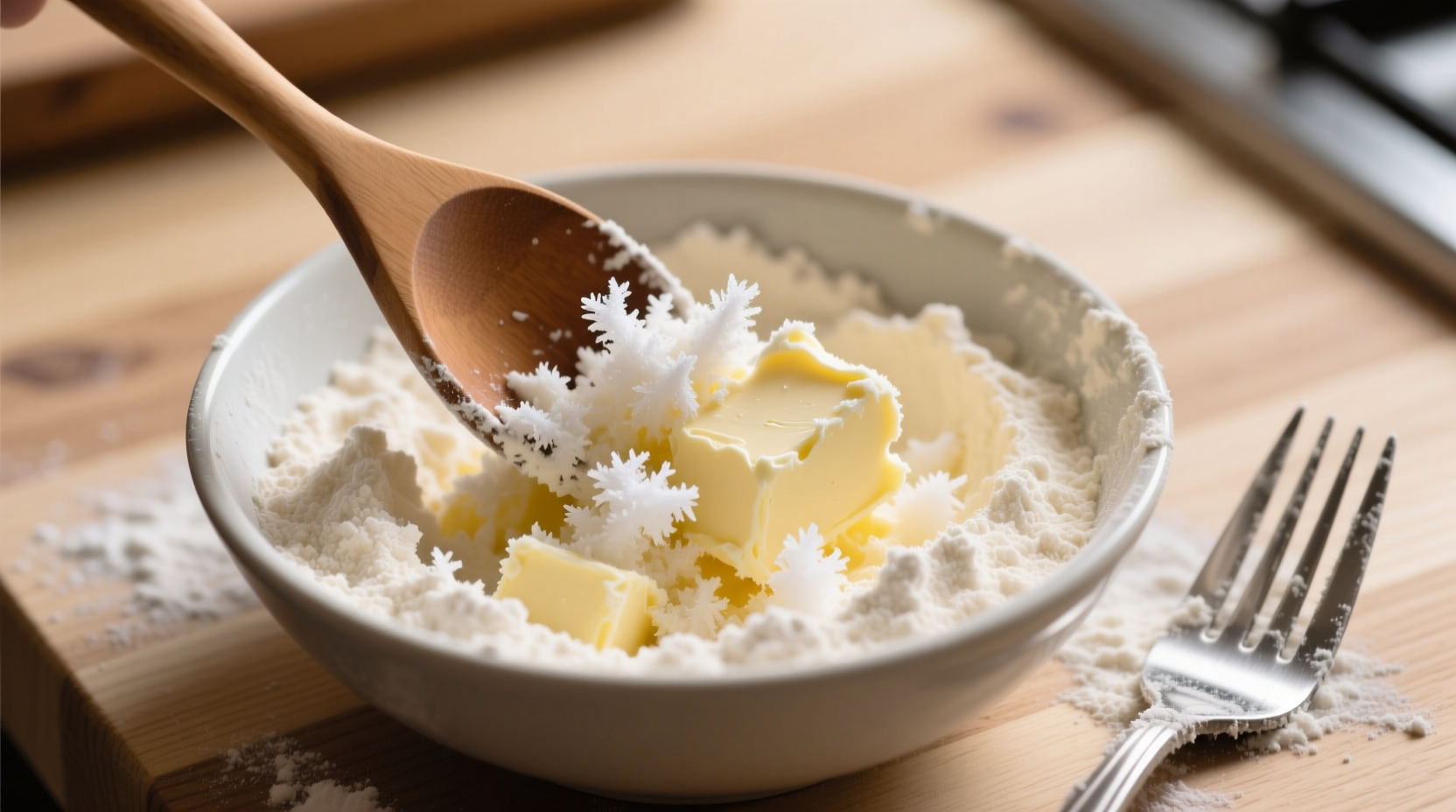 Grated frozen butter mixed into flour with fork