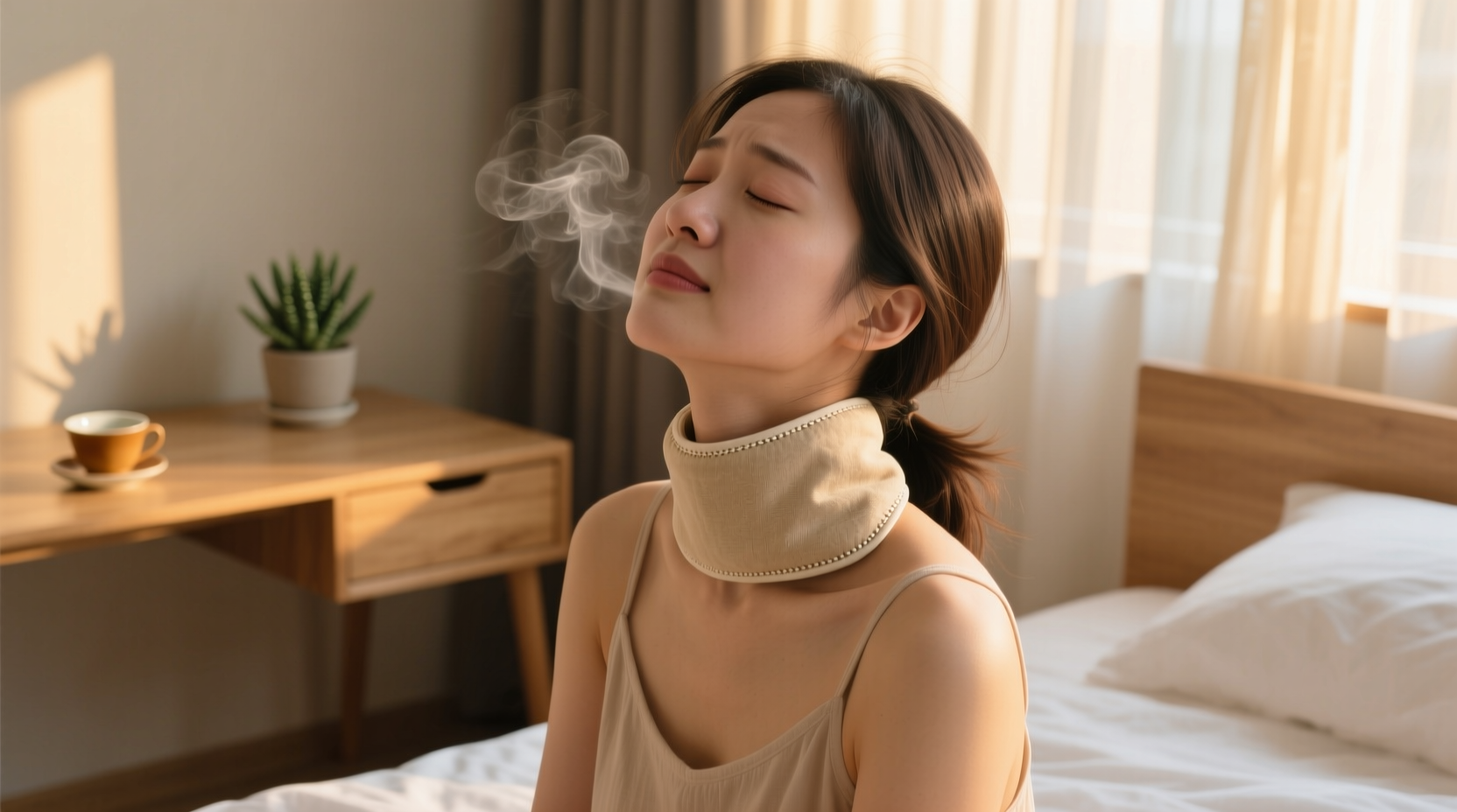 Woman applying rice heat pack to sore neck muscles