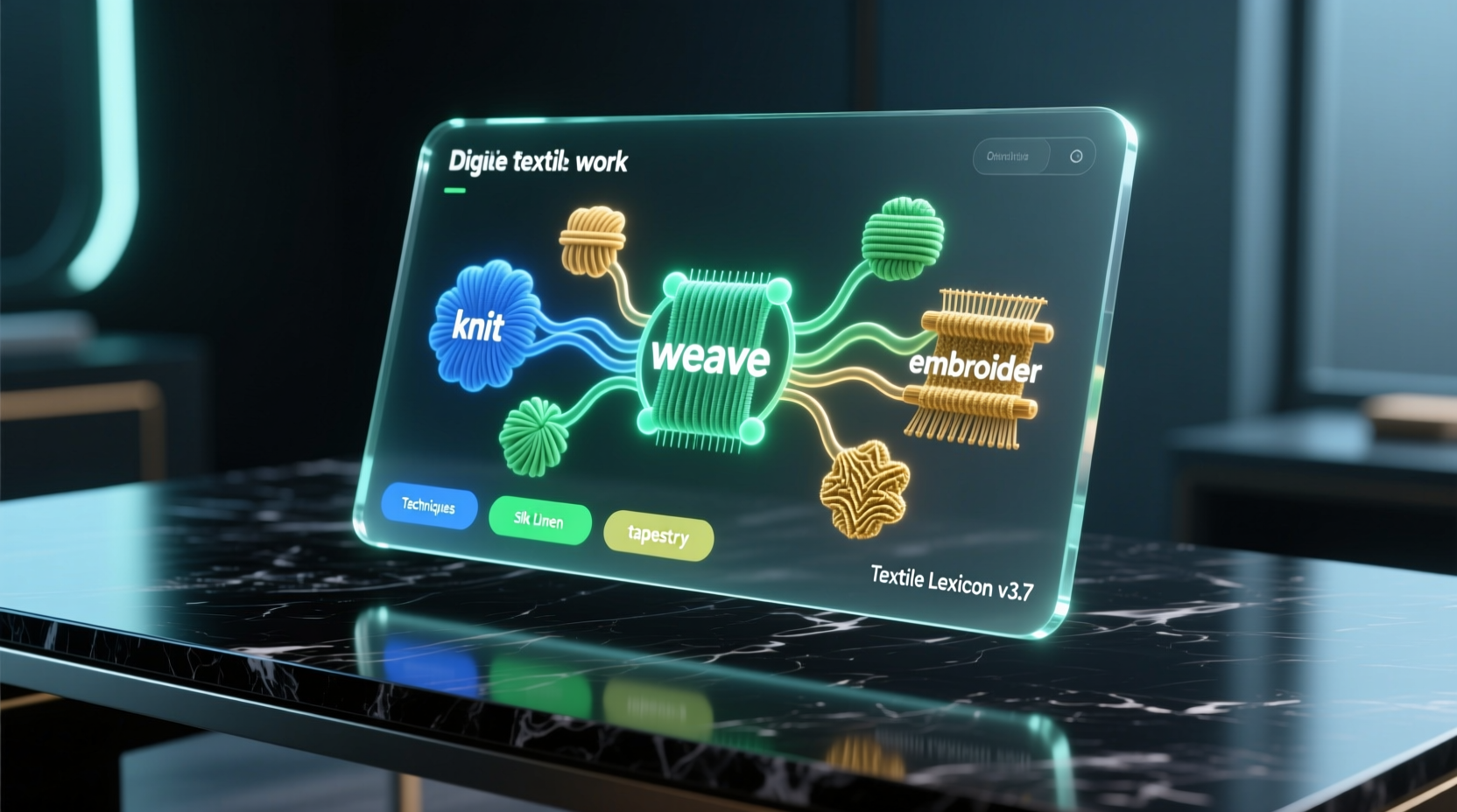 Digital craft thesaurus interface showing synonym clusters for textile work