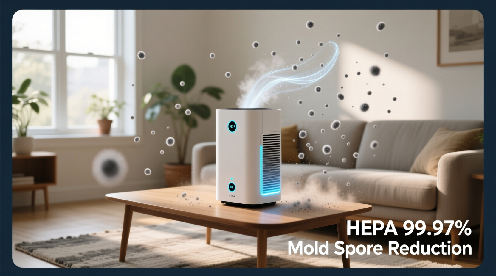 HEPA air purifier reducing mold spores in home