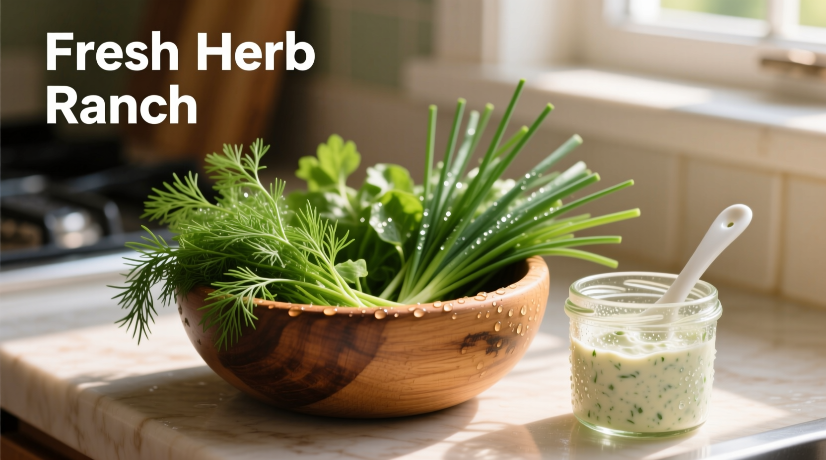 Fresh dill and chives in wooden bowl for ranch dip