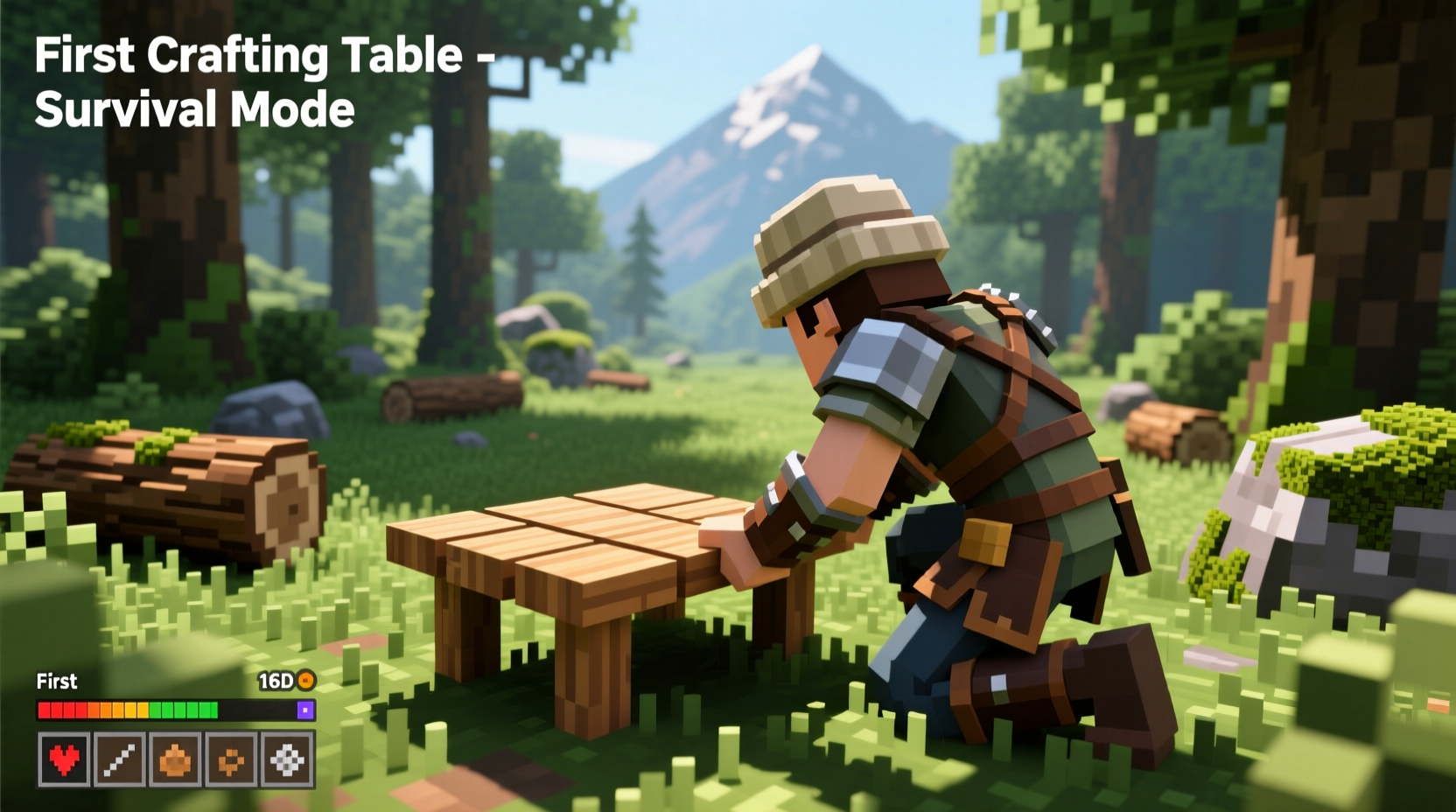 Minecraft player placing first crafting table in survival mode