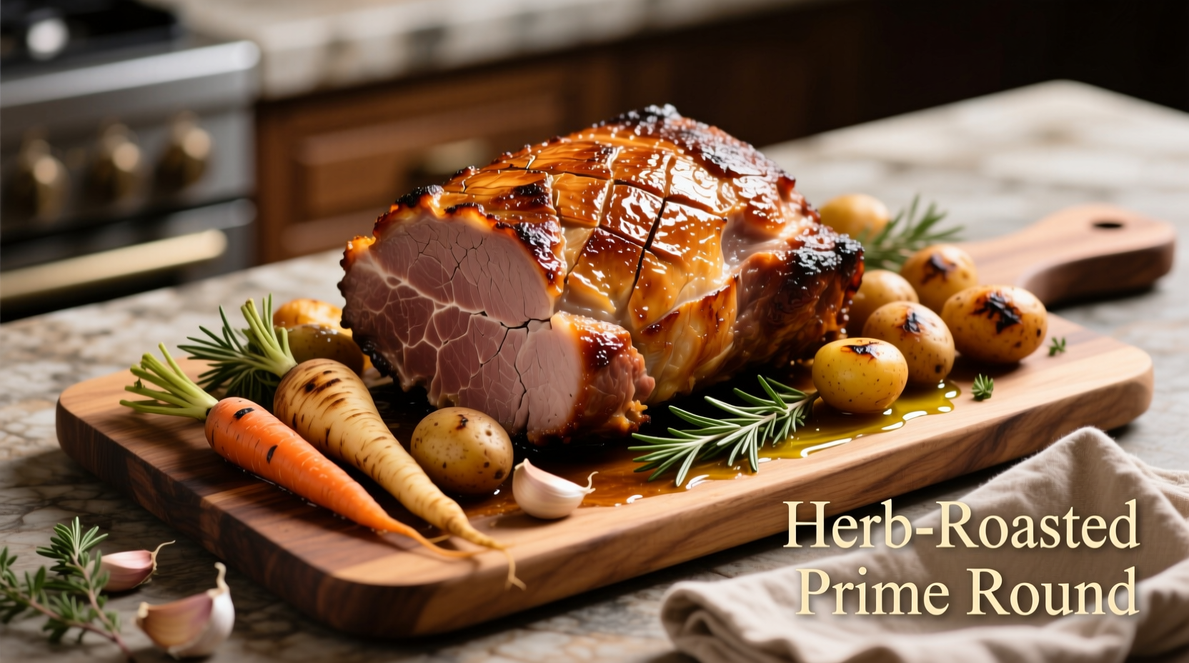 Perfectly roasted top round roast with herbs and vegetables