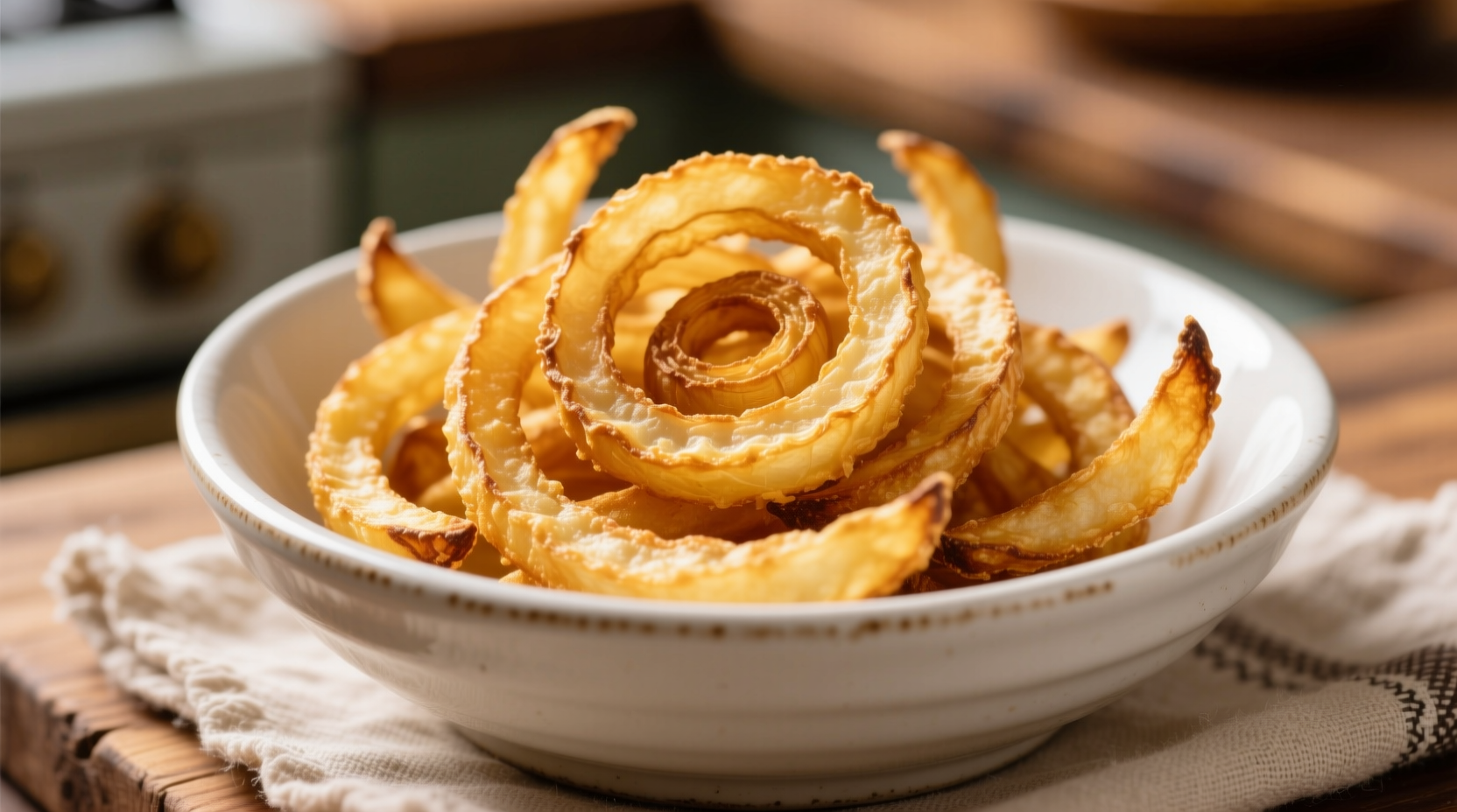 Golden crispy homemade french fried onions in white bowl