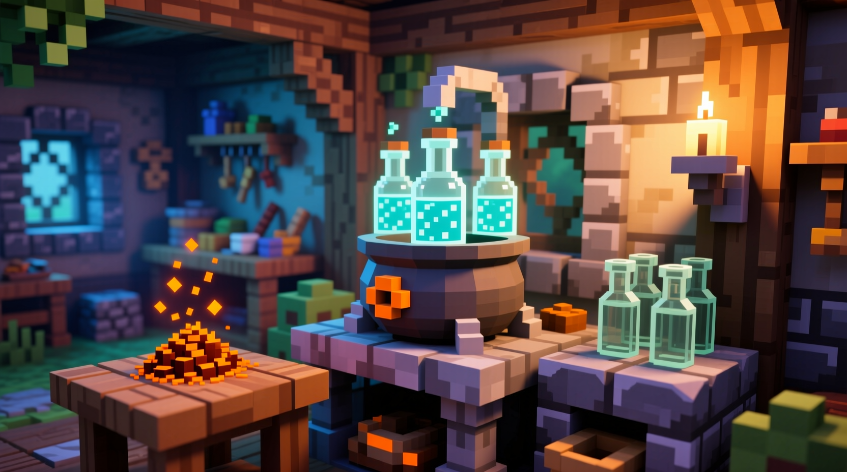 Minecraft brewing stand setup with blaze powder and water bottles