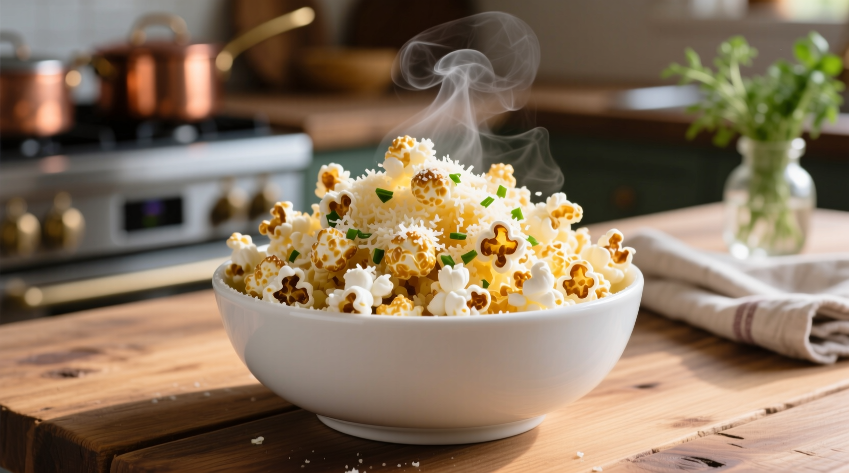 Freshly popped garlic parmesan popcorn in white bowl
