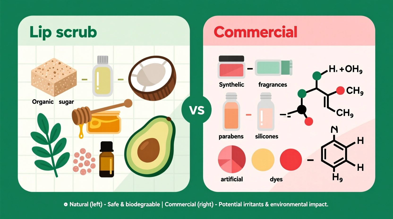 Comparison of natural lip scrub vs commercial product ingredients