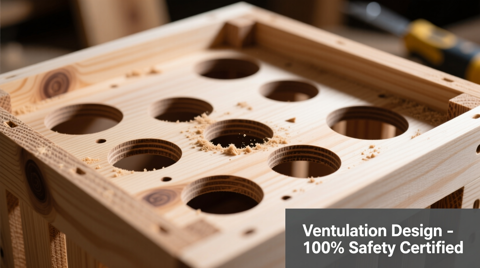Close-up of proper ventilation holes in DIY dog crate construction