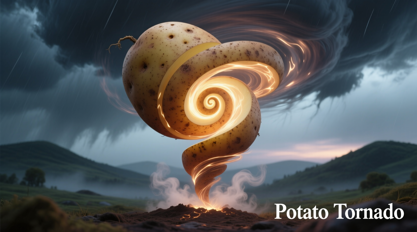 Whole potato transformed into spiral tornado shape
