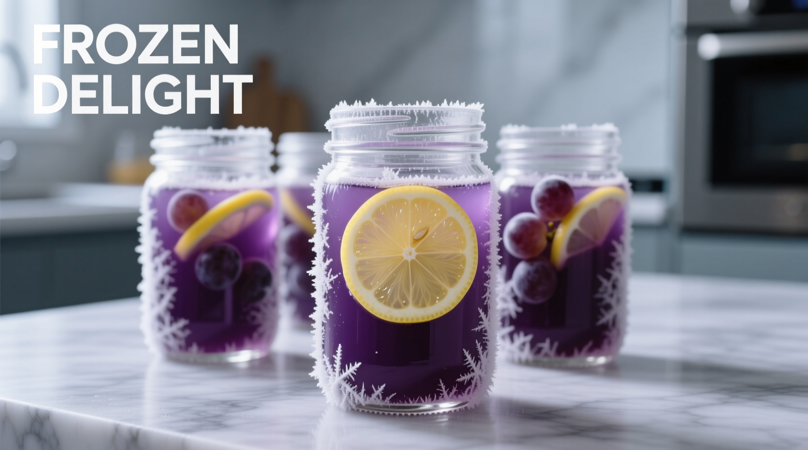 Glass jars of purple grape juice with lemon slices in freezer