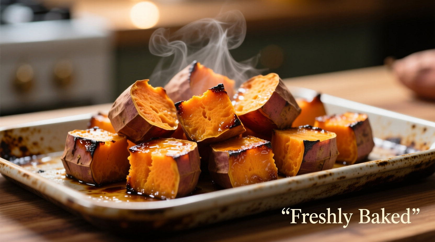 Perfectly roasted sweet potato cubes on baking sheet