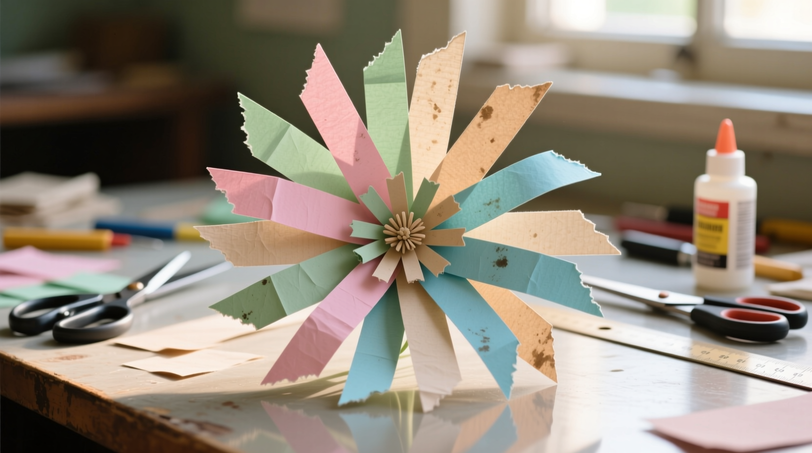 Recycled paper strips cut for flower crafting project