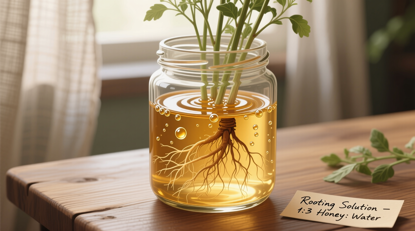 Honey and water mixture in jar for plant rooting solution