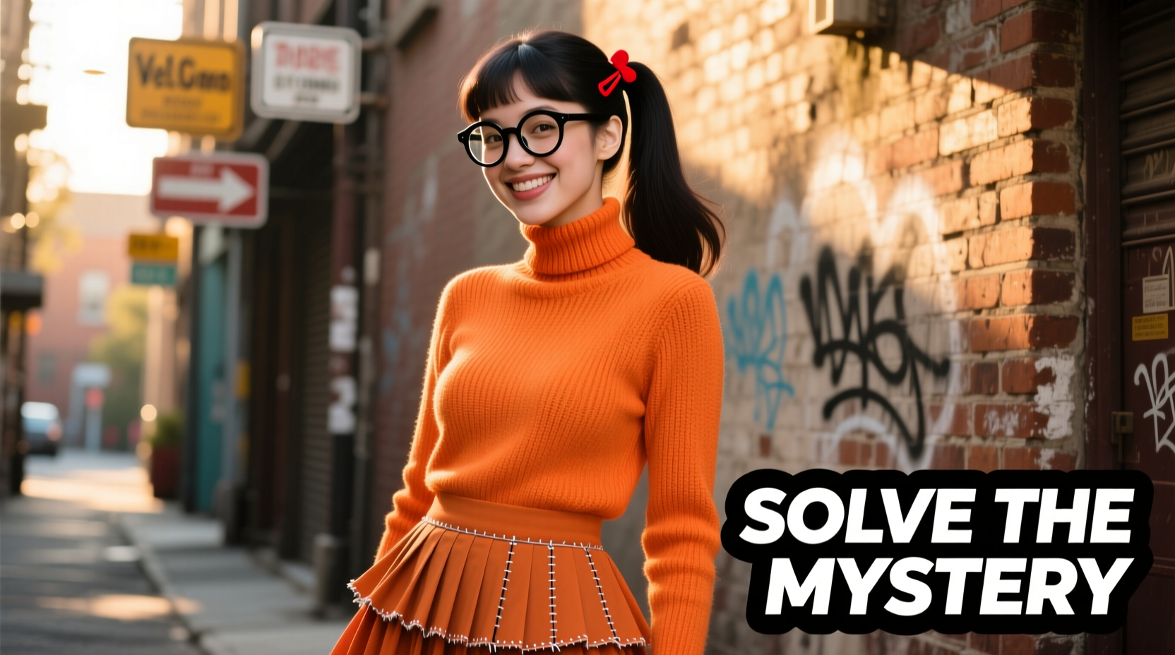 Woman wearing DIY Velma costume with orange turtleneck and skirt