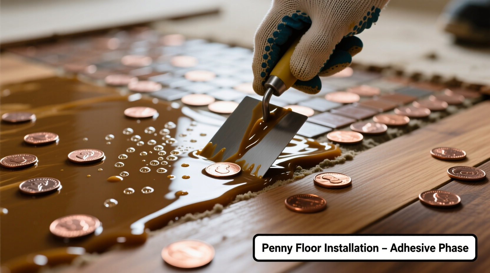 Close-up of penny floor installation process showing adhesive application