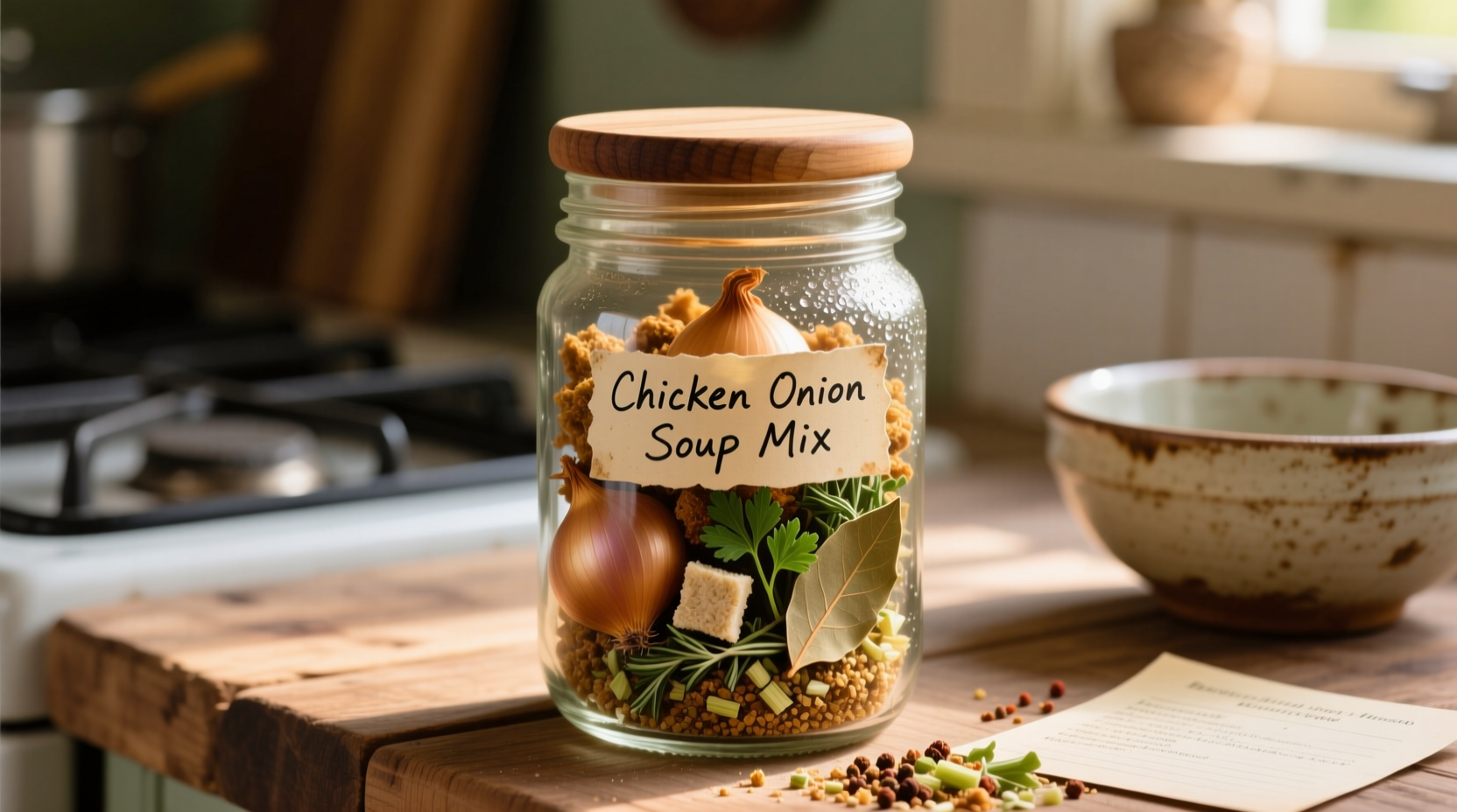 Homemade chicken onion soup mix in glass jar