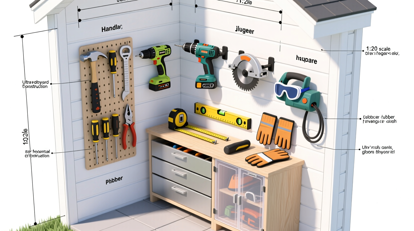 Essential tool layout for backyard shed construction