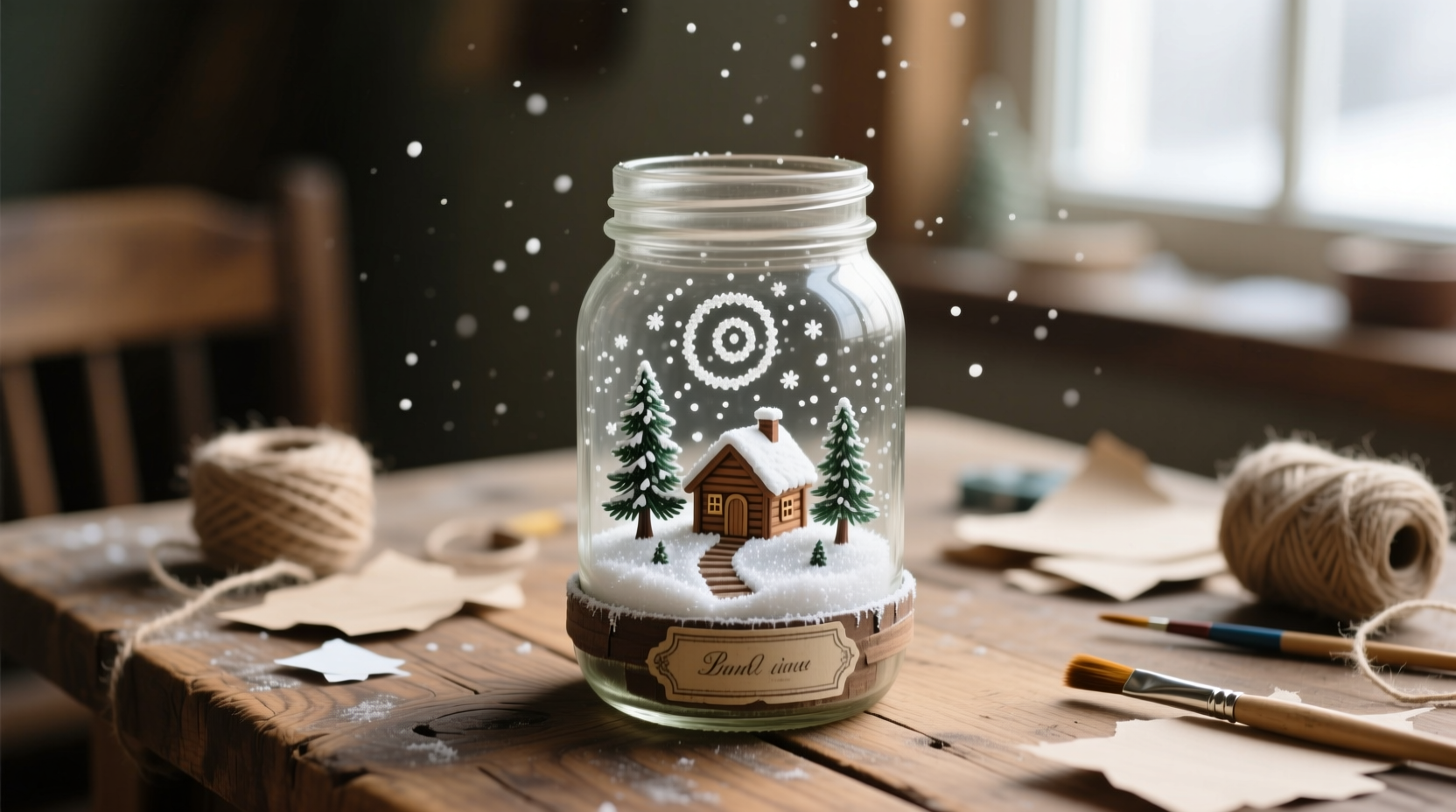 Recycled mason jar snow globe materials on wooden table