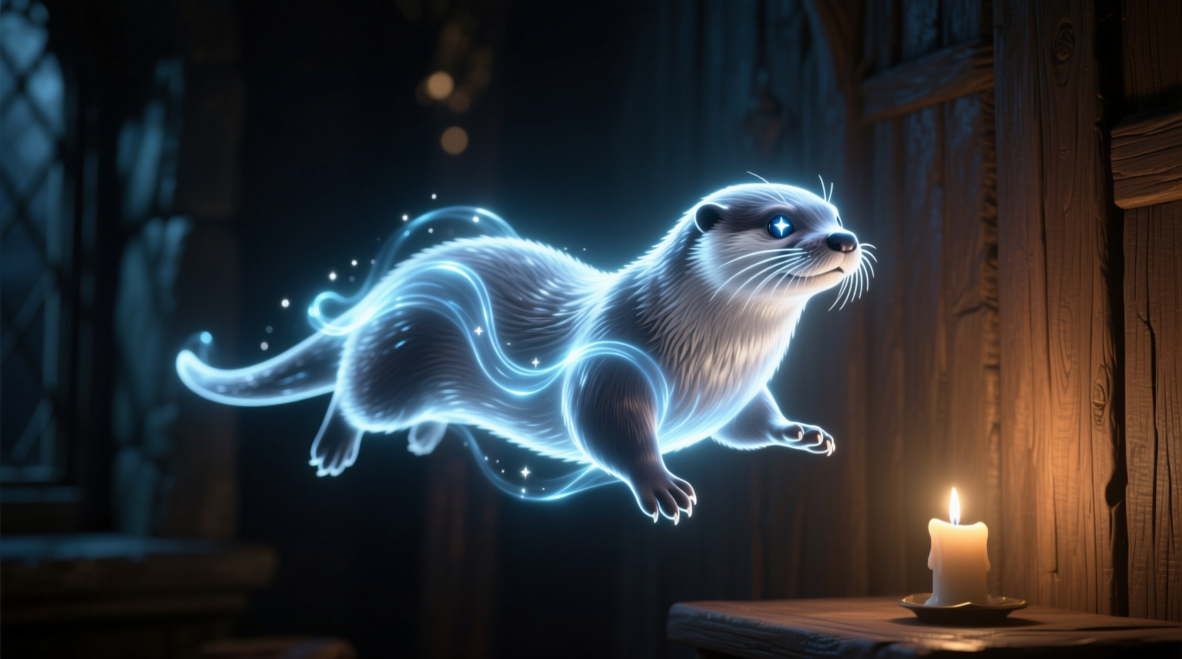 Glowing otter Patronus effect in dark room