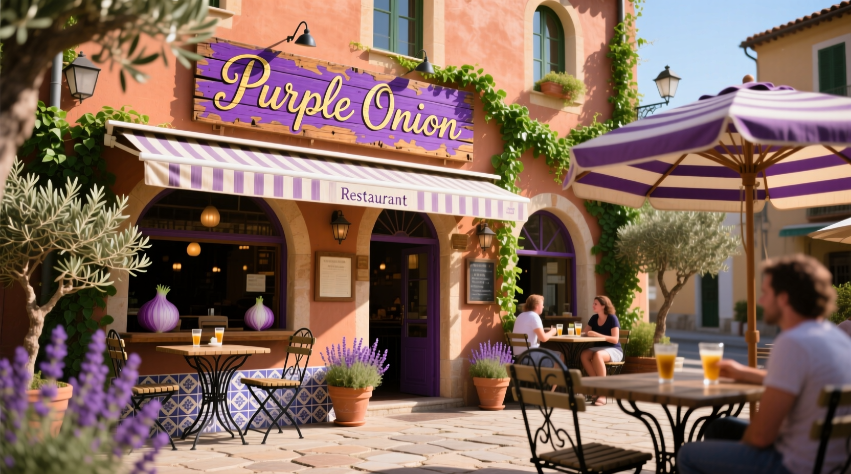 Purple Onion restaurant exterior with signage and outdoor seating