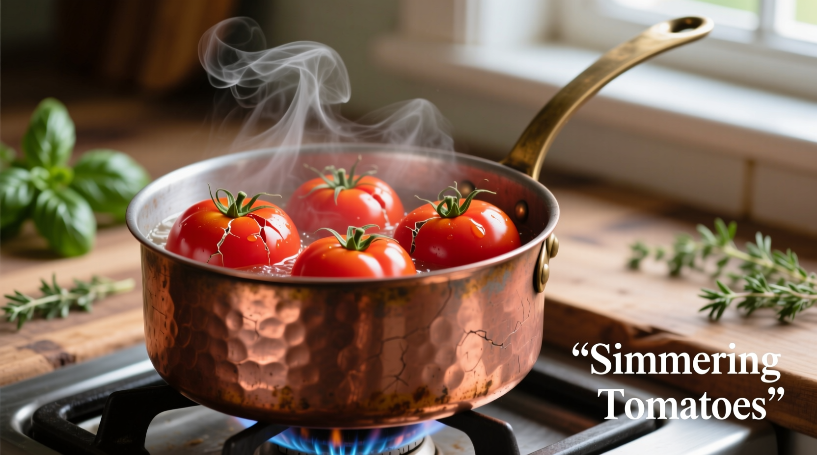 Fresh tomatoes simmering in a copper pot