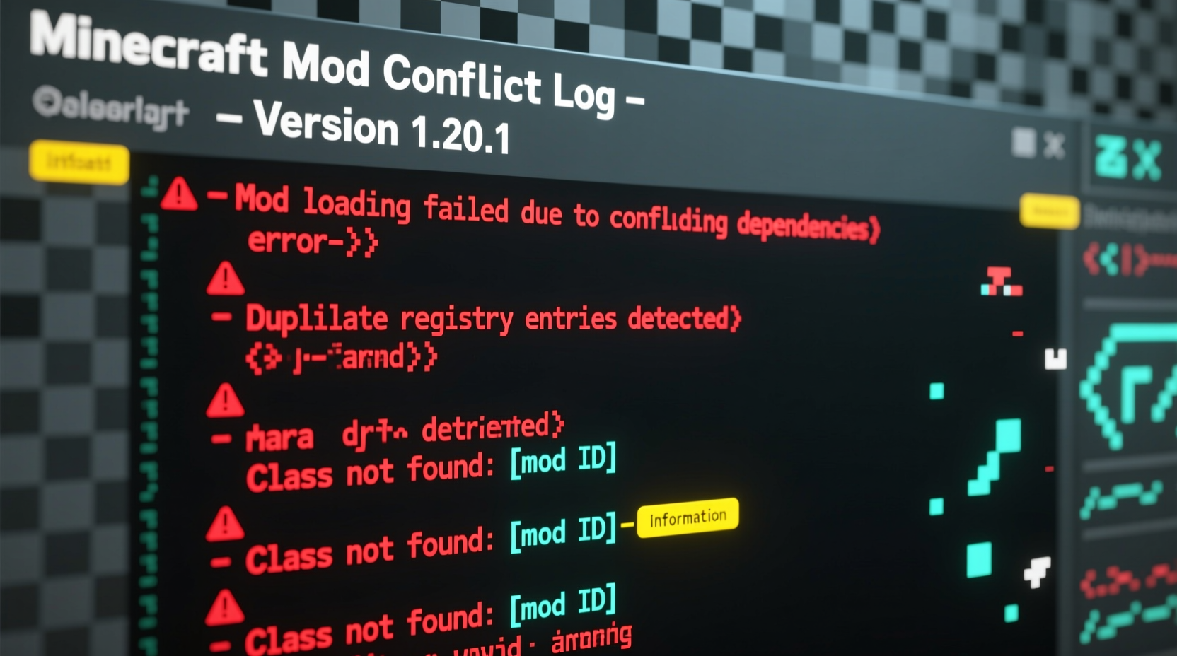 Minecraft error log highlighting common mod conflict messages